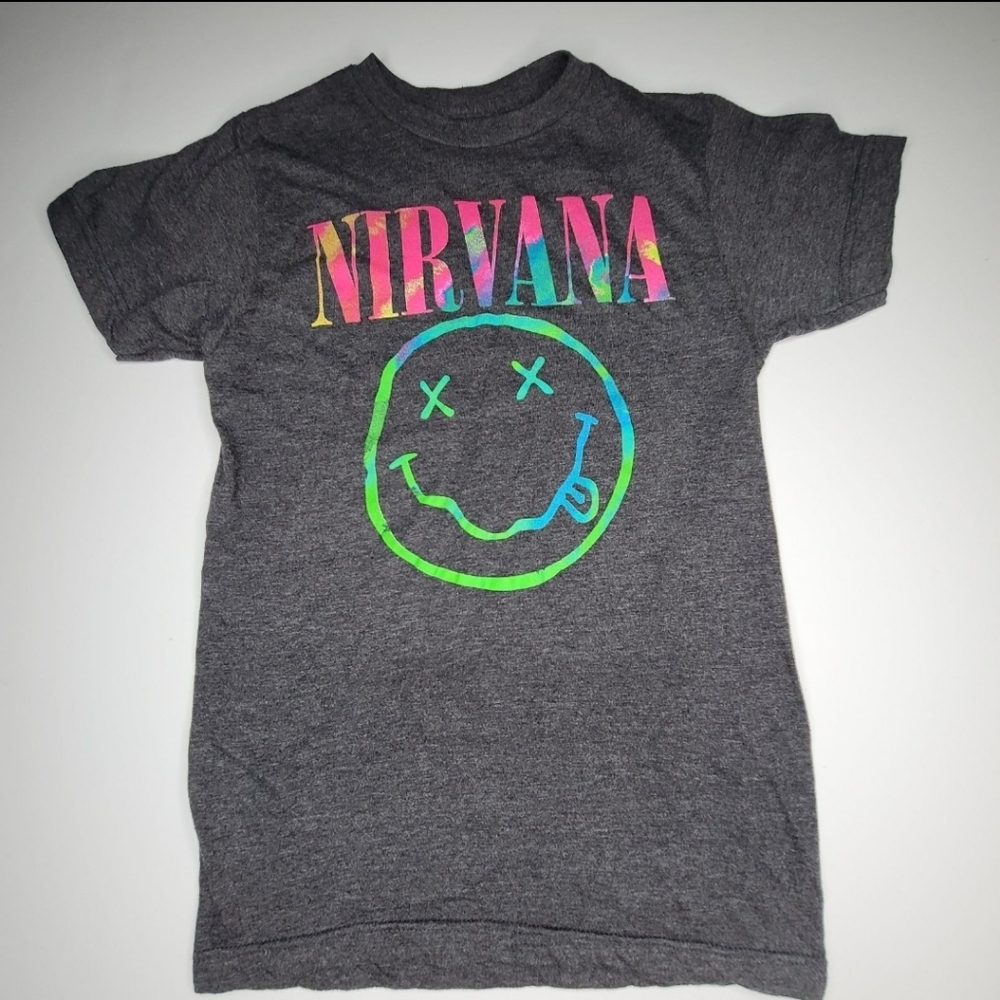 Nirvana Vintage Smiley Face T-Shirt XS Dark Gray Retro Band Tee